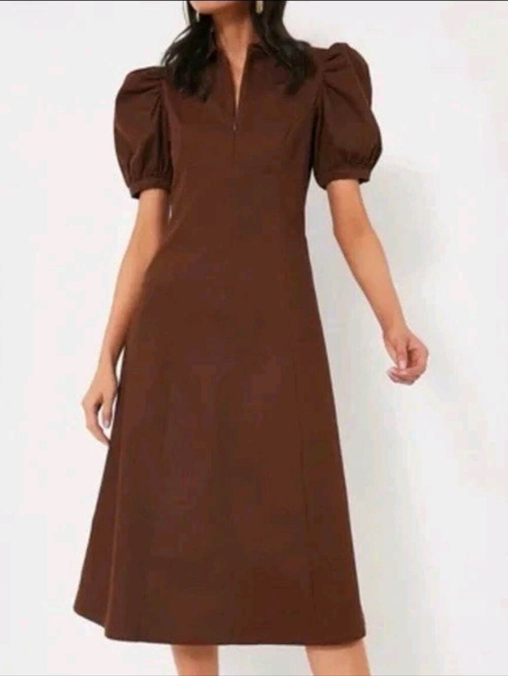 Hyacinth House Brown Puff Sleeve Front Zip Midi Dress Size XXL (see Meas)